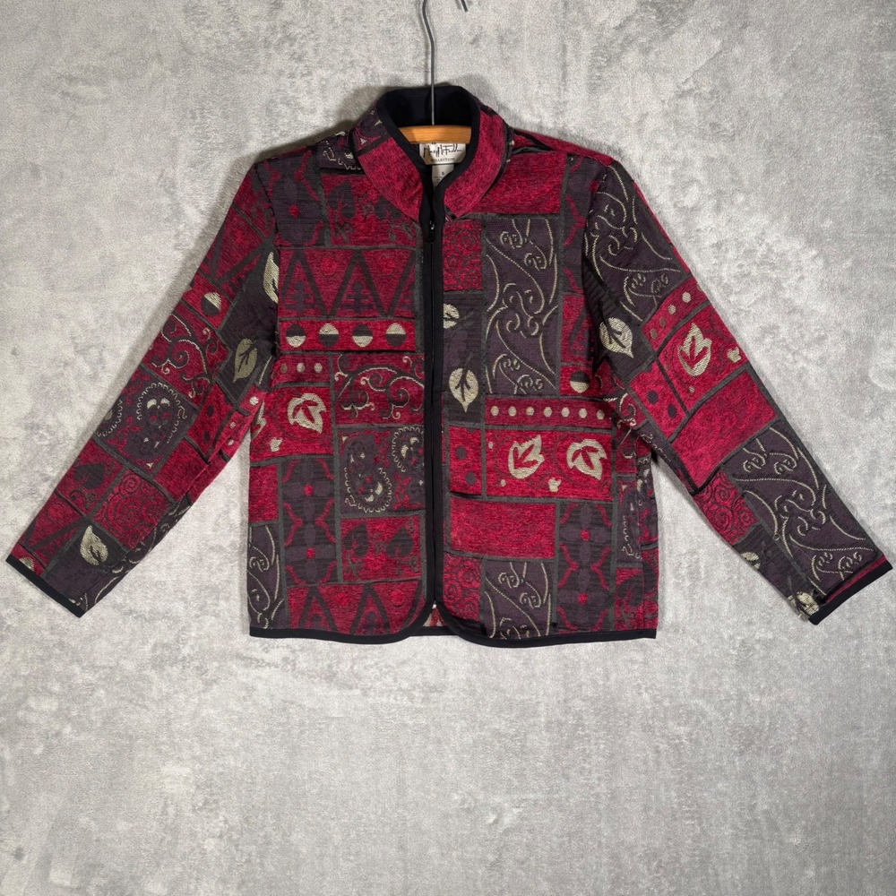 Mary McFadden Collection Tapestry Patchwork Jacket Womens‎ Size S Burgundy Boho